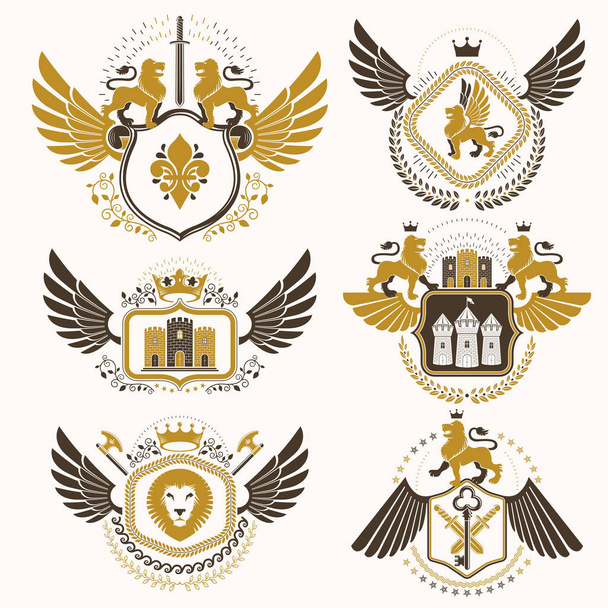 Collection of heraldic decorative coat of arms - Vettoriali, immagini