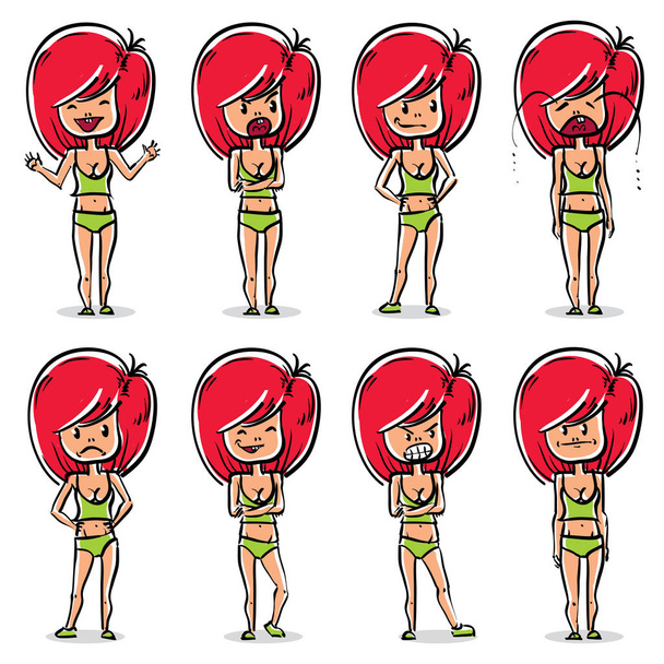 emotional red-head lady set - Vector, Image