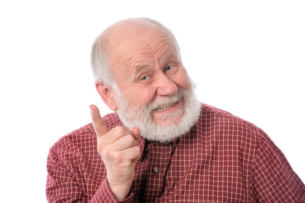 Hombre mayor muestra gesto de dedo índice, aislado en blanco
 - Foto, imagen