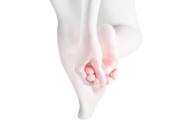 Гострий біль у жінки телячої ноги ізольовано на білому тлі. Відсічний контур на білому тлі
. - Фото, зображення