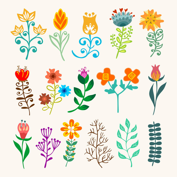 Elementos florais vetoriais em estilo doodle - flores e folhas. Flores de verão para cartões de felicitações, desenhos de casamento ou convites
. - Vetor, Imagem