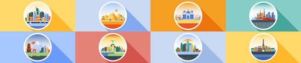 Vektori horisontaalinen kuvake ympyrä tasainen tyyli arkkitehtuuri rakennukset kaupunki maa matkustaa Moskova Venäjän pääkaupunki Ranska, Pariisi, Japani, Intia, Egypti, pyramidit, Kiina, Brasilia, Yhdysvallat
 - Vektori, kuva