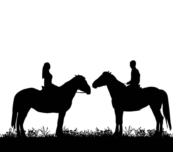ベクトル, シルエットの男と馬に乗った少女の歩く - ベクター画像