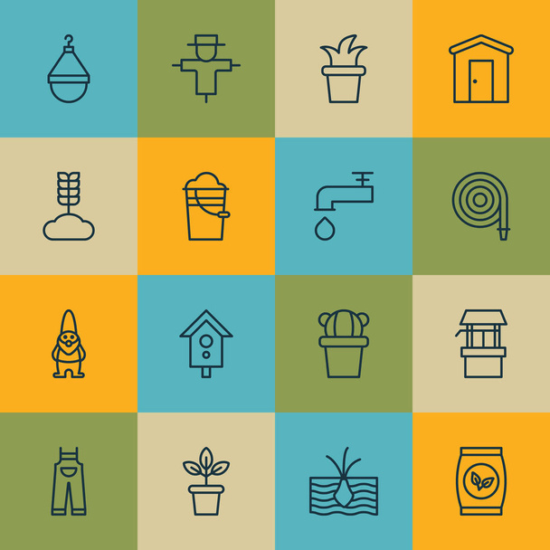 Set Of 16 Garden Icons. Includes Cereal, Birdhouse, Farmhouse And Other Symbols. Beautiful Design Elements. - Vector, Image