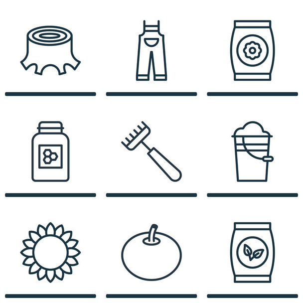 Набір з 9 Holticulture іконок. Включає в себе відро, Jar, соняшник та інші символи. Гарний дизайн елементів. - Вектор, зображення