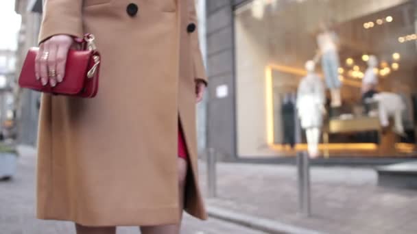 通りを歩いているときに赤いクラッチを保持している女性 - 映像、動画