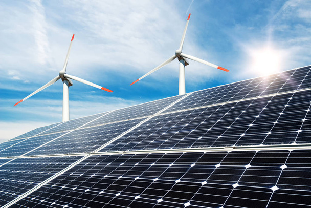 Fotocollage de paneles solares y turbinas eólicas - concepto de recursos sostenibles
 - Foto, Imagen