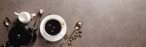 White cup of hot black coffee with milk and sugar. Gray backgrou - Fotoğraf, Görsel