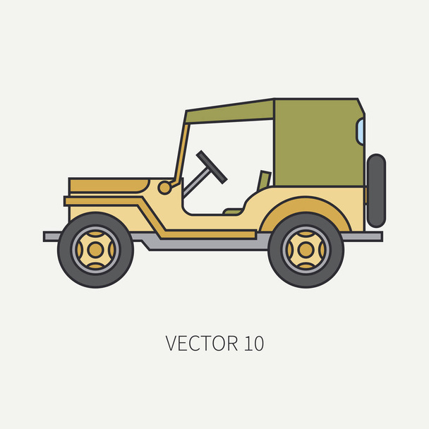 Line flat color vector icon service staff tarpaulin body army car. Military vehicle. Cartoon vintage style. Cargo transportation. Tractor unit. Tow. Simple. Illustration and element for your design. - Vektor, kép