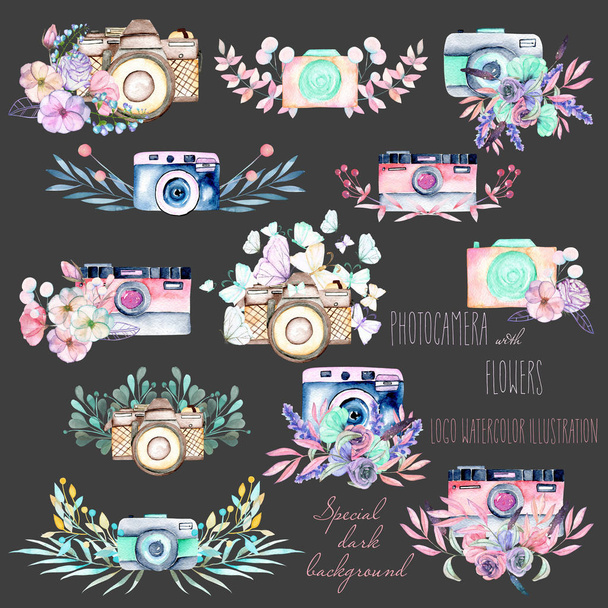 Sada logo maket s akvarel kamery a květinové prvky - Fotografie, Obrázek