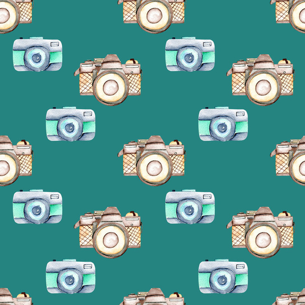 Seamless pattern with watercolor retro cameras - Photo, Image