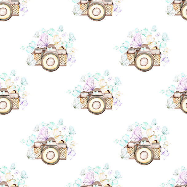 Seamless pattern with watercolor retro cameras and butterflies - Photo, Image