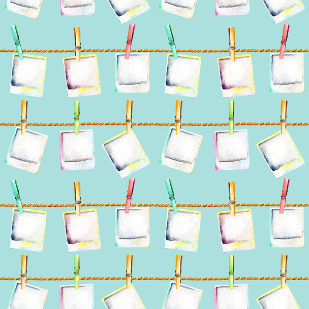 Seamless pattern with watercolor polaroid snapshots attached with clothespins to the ropes - Photo, Image