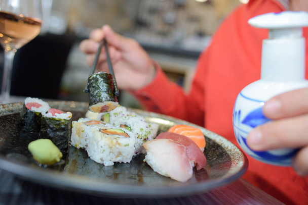 eating some sushi and restaurant - Photo, image