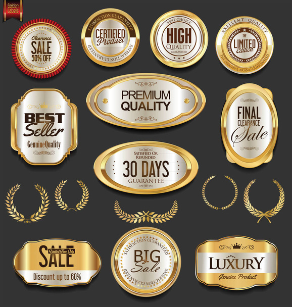 Golden badges and labels with laurel wreath collection - Vector, afbeelding