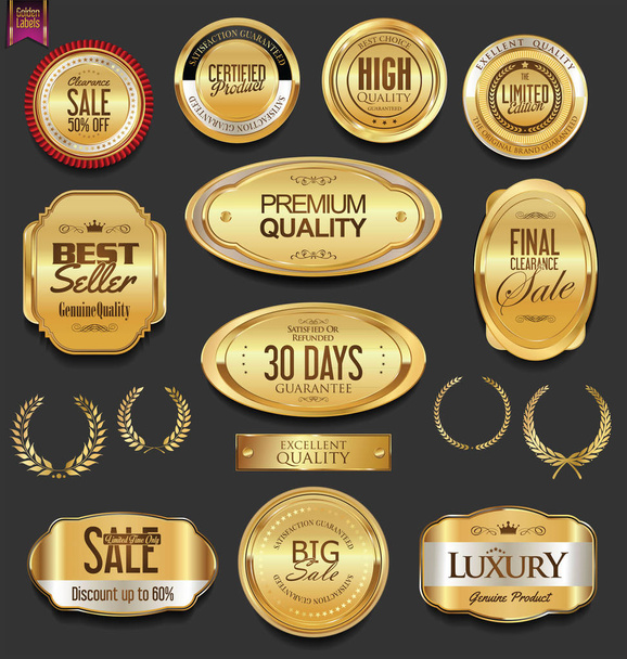 Golden badges and labels with laurel wreath collection - Vektor, kép