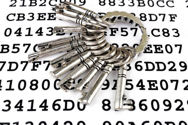 Schlüssel auf einem Blatt mit verschlüsselten Daten - Foto, Bild