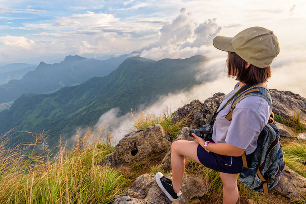 Girl tourist on mountains in Thailand - Photo, Image