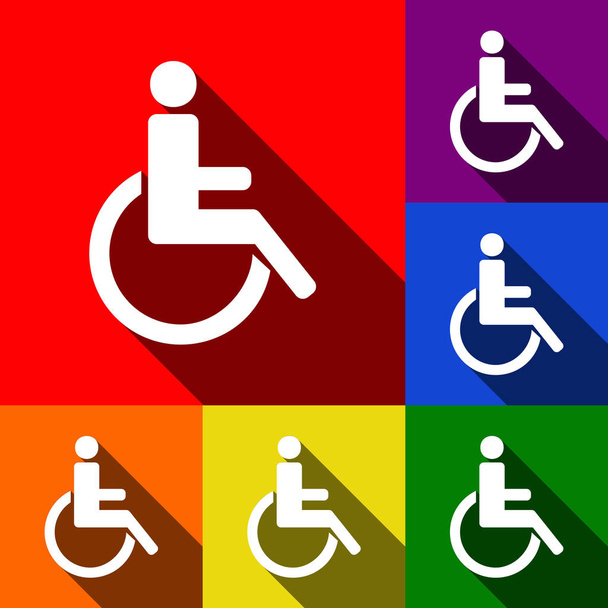 Disabled sign illustration. Vector. Set of icons with flat shadows at red, orange, yellow, green, blue and violet background. - Vector, Image