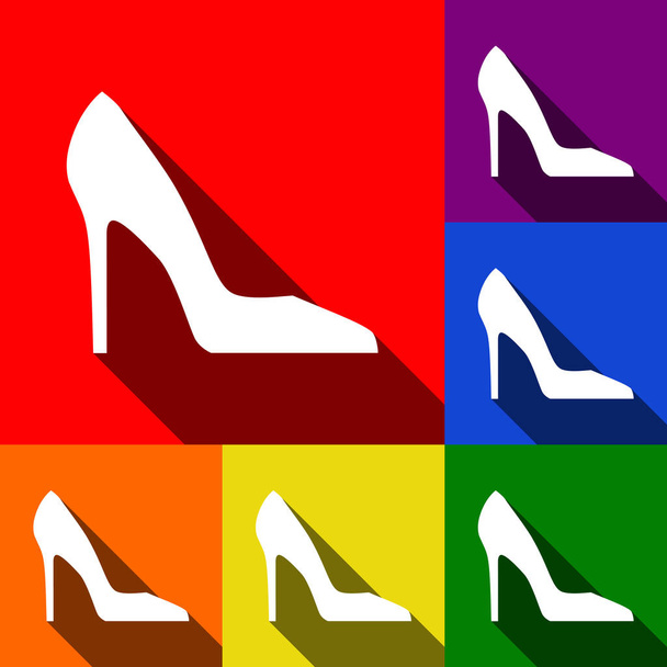 女性靴のサイン。ベクトル。赤、オレンジ、黄色、緑、青、紫の背景でフラットの影とアイコンのセット. - ベクター画像