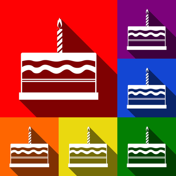 Segno di torta di compleanno. Vettore. Set di icone con ombre piatte su sfondo rosso, arancione, giallo, verde, blu e viola
. - Vettoriali, immagini