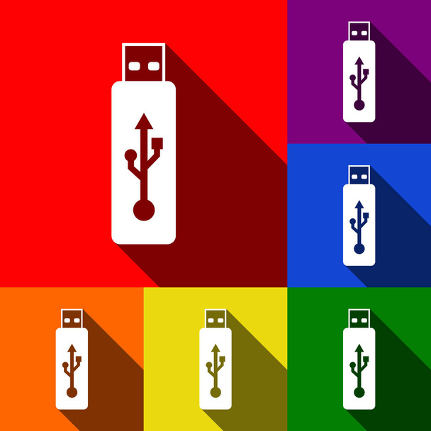 Vetor USB flash drive sinal. Vector. Conjunto de ícones com sombras planas em fundo vermelho, laranja, amarelo, verde, azul e violeta
. - Vetor, Imagem