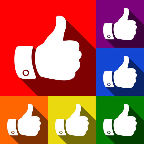 Illustrazione del segno della mano. Vettore. Set di icone con ombre piatte su sfondo rosso, arancione, giallo, verde, blu e viola
. - Vettoriali, immagini