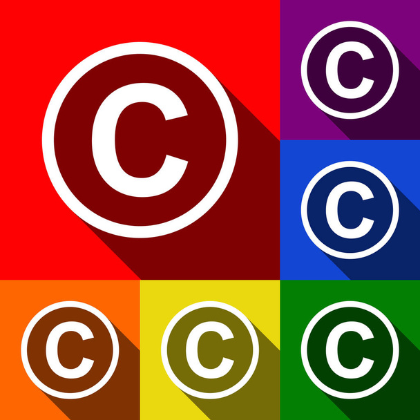 Copyright-symbool de illustratie. Vector. Set van pictogrammen met platte schaduwen op de rode, oranje, geel, groen, blauw en violet achtergrond. - Vector, afbeelding