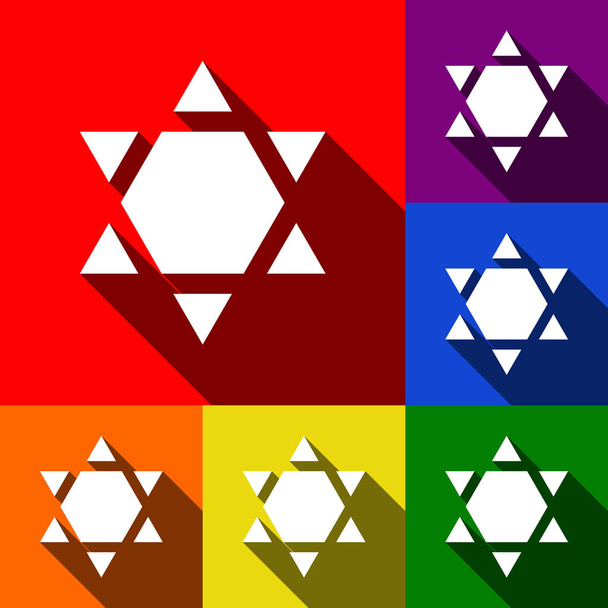 Bouclier Magen David Star Inverse. Symbole d'Israël inversé. Vecteur. Ensemble d'icônes avec des ombres plates à fond rouge, orange, jaune, vert, bleu et violet
. - Vecteur, image