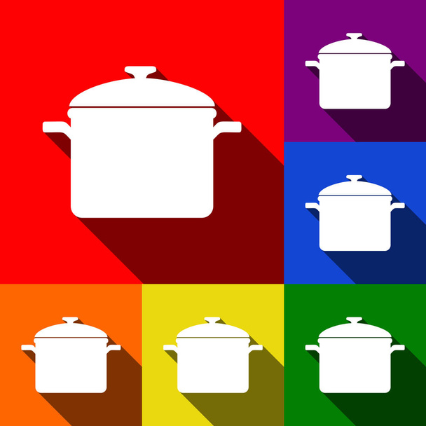 Placa de frigideira. Vector. Conjunto de ícones com sombras planas em fundo vermelho, laranja, amarelo, verde, azul e violeta
. - Vetor, Imagem