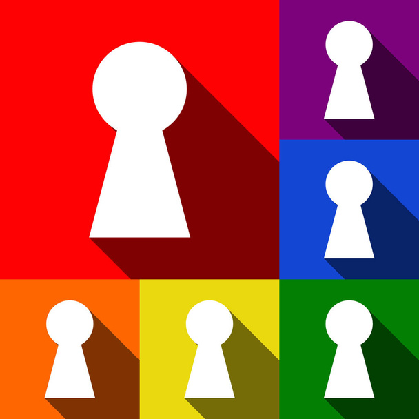 Schlüssellochschildillustration. Vektor. Icons mit flachen Schatten auf rotem, orangefarbenem, gelbem, grünem, blauem und violettem Hintergrund. - Vektor, Bild