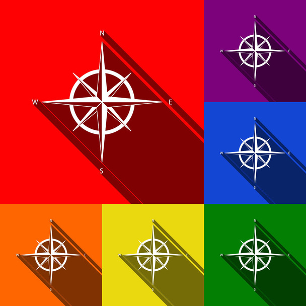 Windrosenschild. Vektor. Icons mit flachen Schatten auf rotem, orangefarbenem, gelbem, grünem, blauem und violettem Hintergrund. - Vektor, Bild