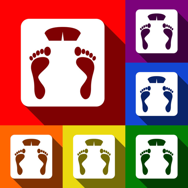Banheiro sinal escala. Vector. Conjunto de ícones com sombras planas em fundo vermelho, laranja, amarelo, verde, azul e violeta
. - Vetor, Imagem