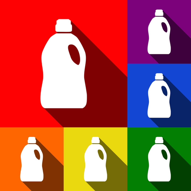 Bottiglia di plastica per la pulizia. Vettore. Set di icone con ombre piatte su sfondo rosso, arancione, giallo, verde, blu e viola
. - Vettoriali, immagini