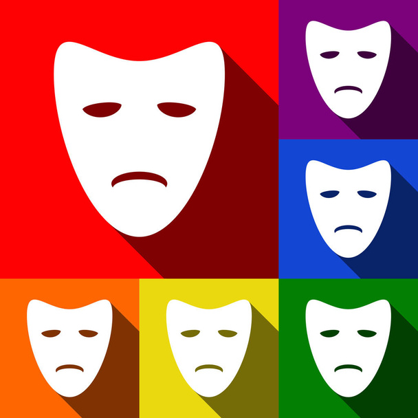 Tragiche maschere teatrali. Vettore. Set di icone con ombre piatte su sfondo rosso, arancione, giallo, verde, blu e viola
. - Vettoriali, immagini