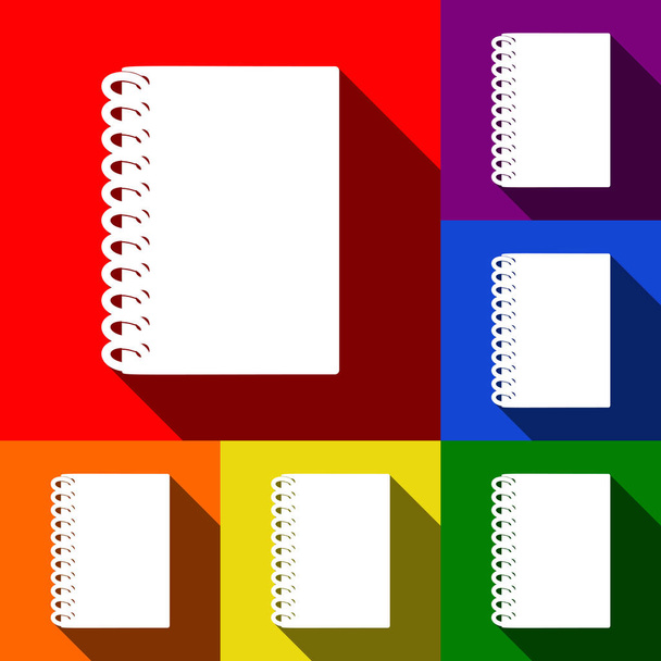 Bloc-notes simple signe. Vecteur. Ensemble d'icônes avec des ombres plates à fond rouge, orange, jaune, vert, bleu et violet
. - Vecteur, image