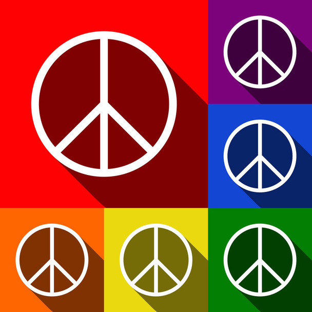 Friedenszeichen. Vektor. Icons mit flachen Schatten auf rotem, orangefarbenem, gelbem, grünem, blauem und violettem Hintergrund. - Vektor, Bild