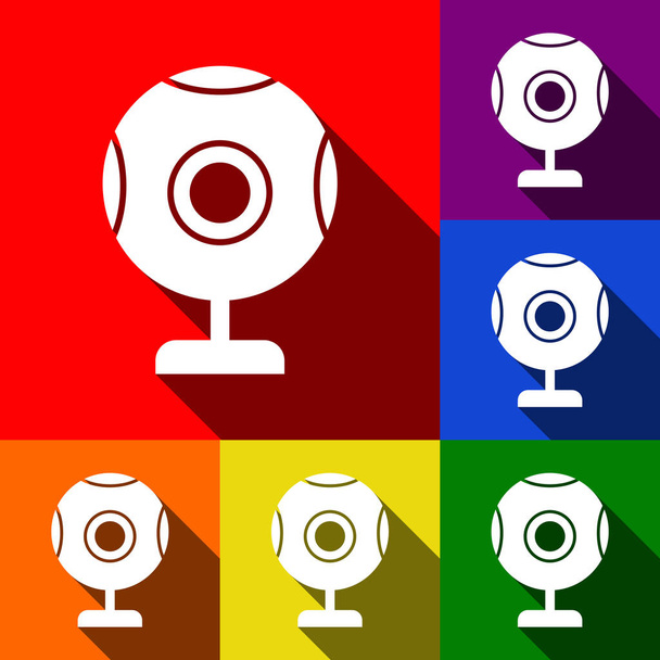 Chat Web-Kamera Zeichen. Vektor. Icons mit flachen Schatten auf rotem, orangefarbenem, gelbem, grünem, blauem und violettem Hintergrund. - Vektor, Bild