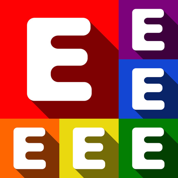 Lettre E signe élément de modèle de conception. Vecteur. Ensemble d'icônes avec des ombres plates à fond rouge, orange, jaune, vert, bleu et violet
. - Vecteur, image