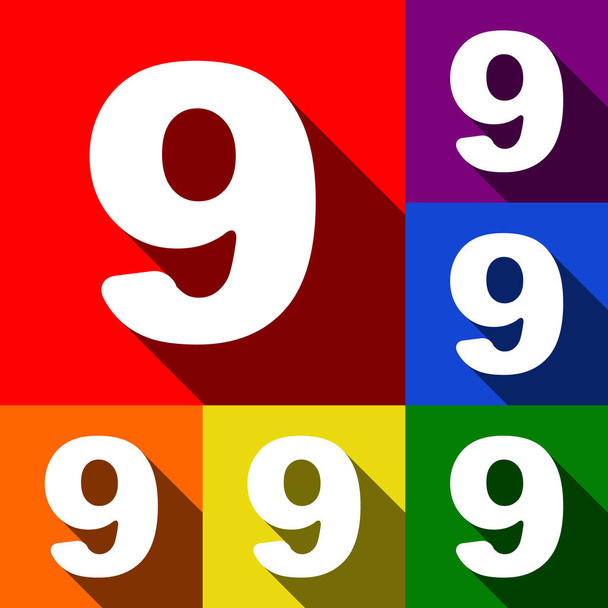 Número 9 elemento de plantilla de diseño de signo. Vector. Conjunto de iconos con sombras planas en fondo rojo, naranja, amarillo, verde, azul y violeta
. - Vector, Imagen