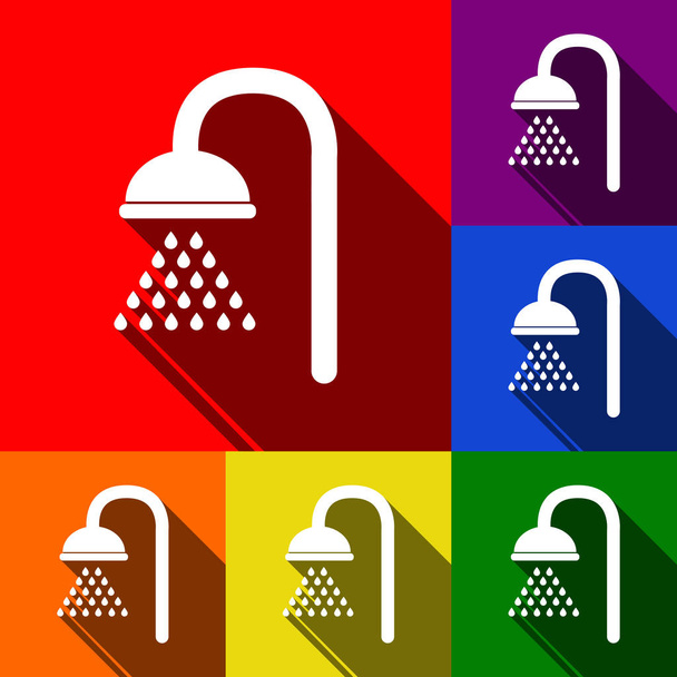 シャワーの標識です。ベクトル。赤、オレンジ、黄色、緑、青、紫の背景でフラットの影とアイコンのセット. - ベクター画像