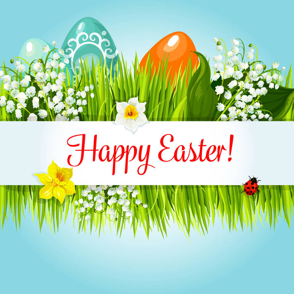 Huevo de Pascua en hierba con flores cartel de dibujos animados
 - Vector, imagen