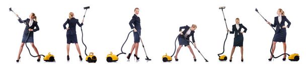 Pulizia donna d'affari con aspirapolvere su bianco
 - Foto, immagini