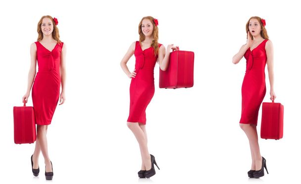 Young woman in red dress with suitcase isolated on white - Foto, Imagem