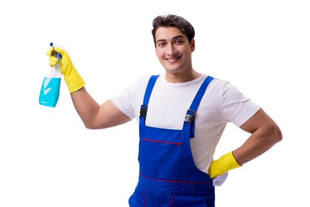 Man with cleaning agents isolated on white background - Φωτογραφία, εικόνα