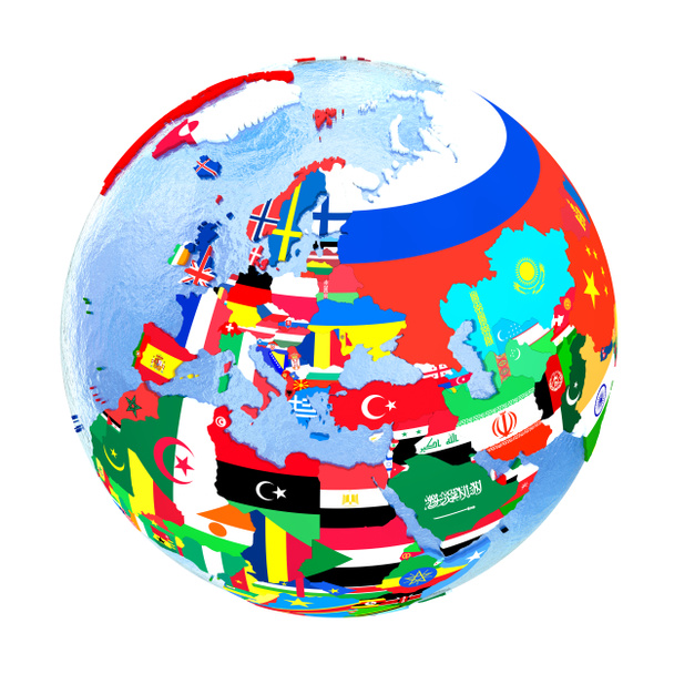 Europa op politieke wereldbol met vlaggen geïsoleerd op wit - Foto, afbeelding
