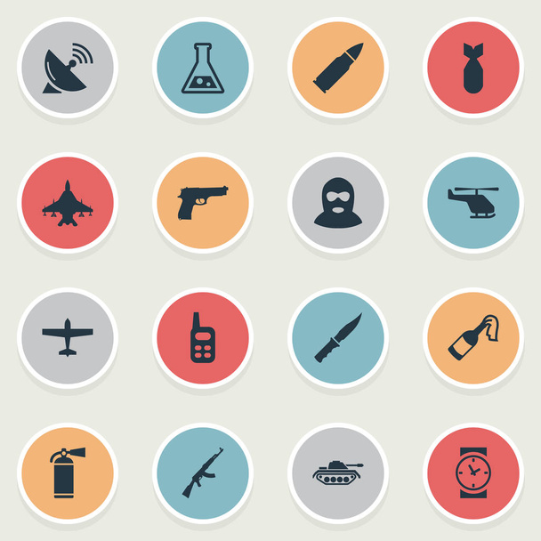 Vector Illustration Set of Simple Military Icons. Elementos Química, Molotov, Fuerza Aérea y Otros Sinónimos Combatiente, Reloj y Comunicación
. - Vector, Imagen
