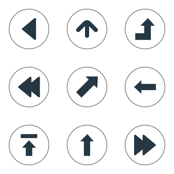 Illustrazione vettoriale Set di semplici frecce icone. Elementi di sinistra Punto di riferimento, Posteriore, Indicatore Sinonimi Caricare, In alto e a destra
. - Vettoriali, immagini