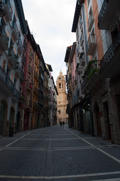 Pays basque, Espagne : les ruelles de Pampelune, la ville de la fiesta San Fermin avec sa course avec les taureaux, avec vue sur la cathédrale, l'église catholique romaine de Santa Maria la Real
 - Photo, image