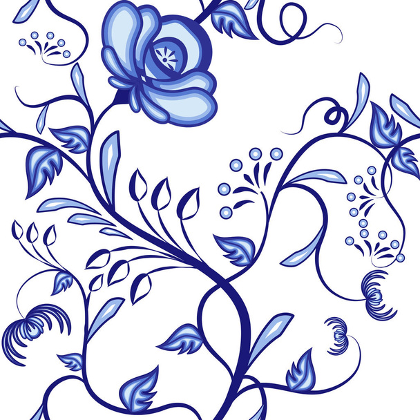 Seamless floral pattern. Background of blue abstract intertwining plants in the national style of painting on porcelain. - Vecteur, image
